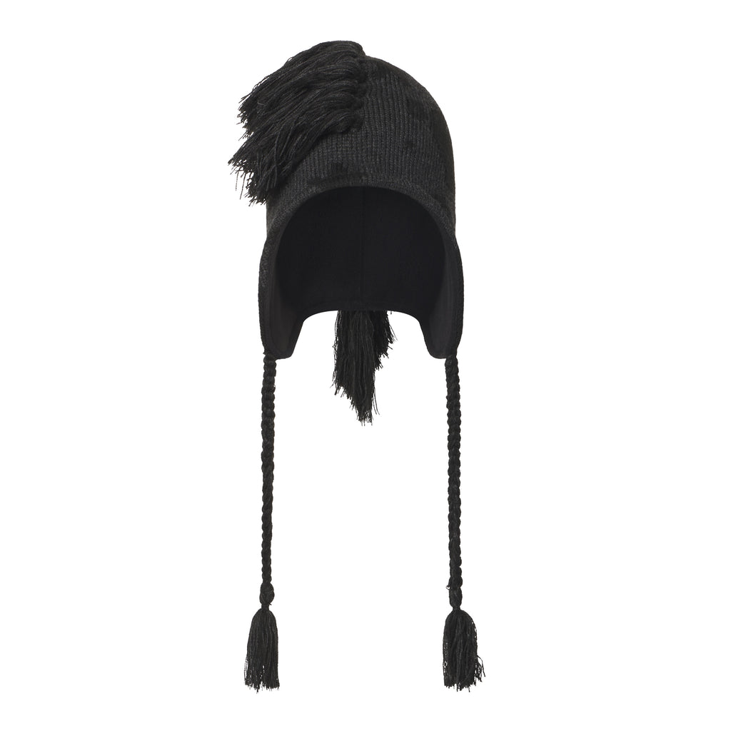 Black knit Beluga hat with a mohawk fringe crown, ear flaps, and braided tie cords with tassels.