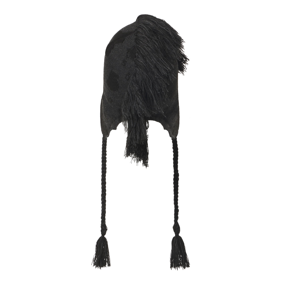 Black knit hat with a Beluga graphic design, mohawk fringe crown, and braided ear flaps with tassel ties.