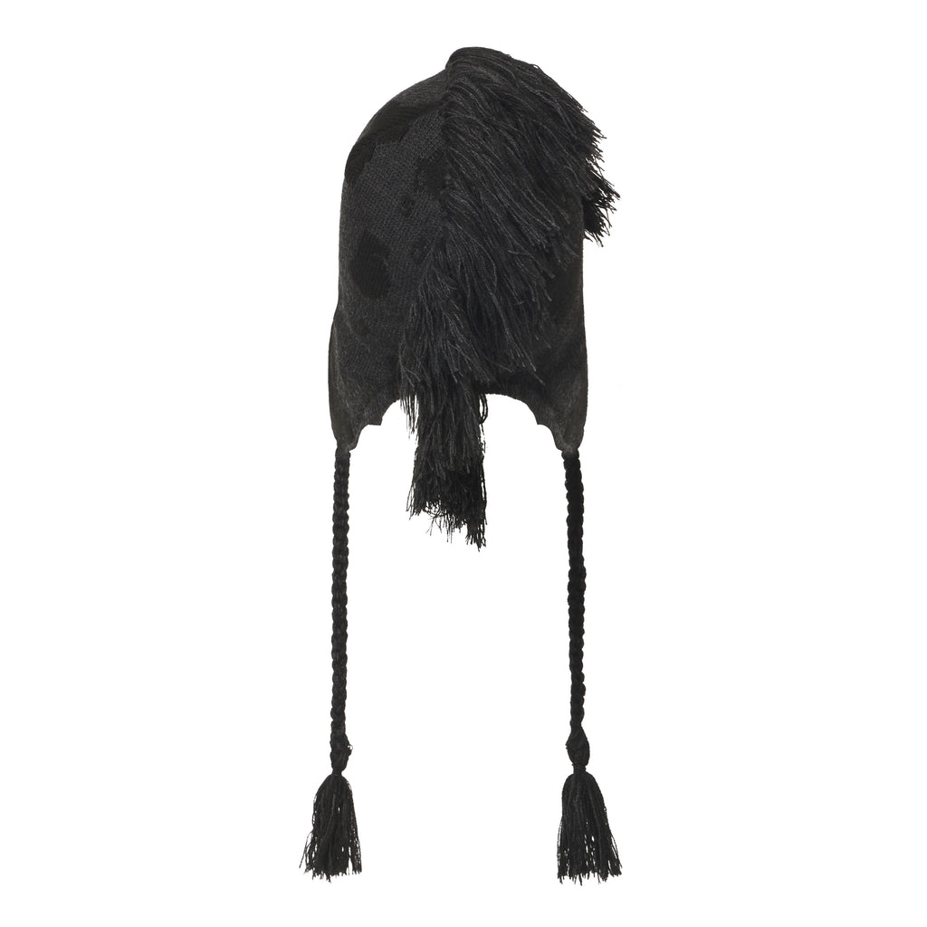 Black knit hat with a Beluga graphic design, mohawk fringe crown, and braided ear flaps with tassel ties.