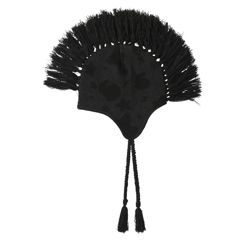 Black knit Beluga hat with a mohawk fringe, ear flaps, and tie cord tassels featuring a subtle graphic print design.