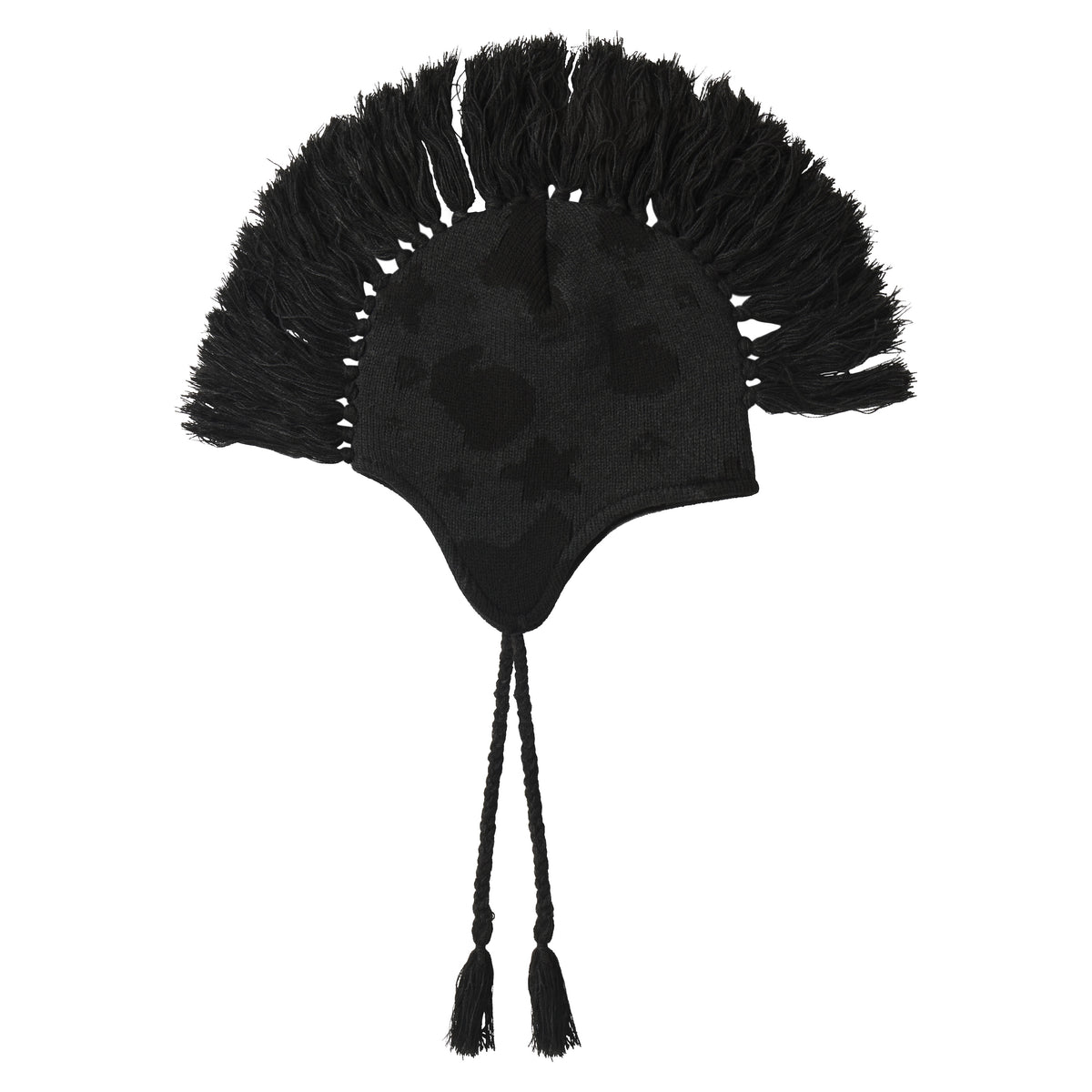 Black knit hat featuring a beluga graphic print, a dramatic mohawk fringe crown, and ear flaps with braided tie tassels.