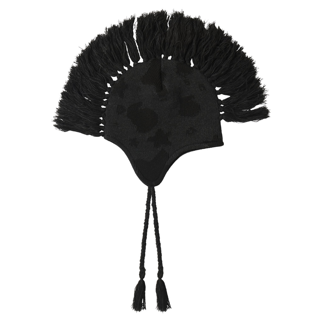 Black knit hat featuring a beluga graphic print, a dramatic mohawk fringe crown, and ear flaps with braided tie tassels.