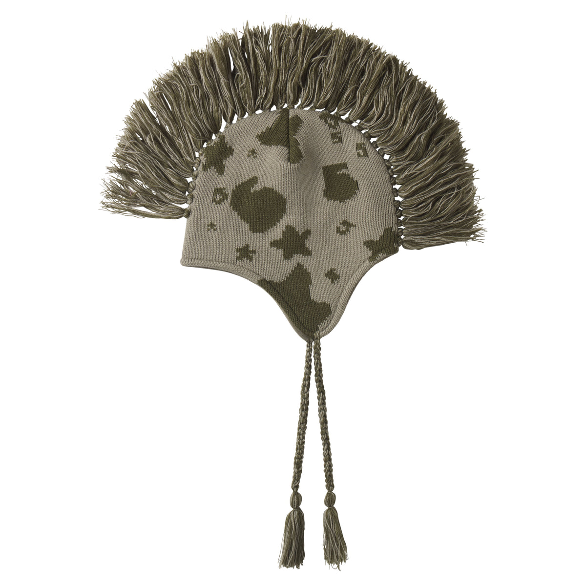 Olive green knit hat with beluga graphic print, mohawk fringe crown, and ear flaps with braided tie cord tassels.