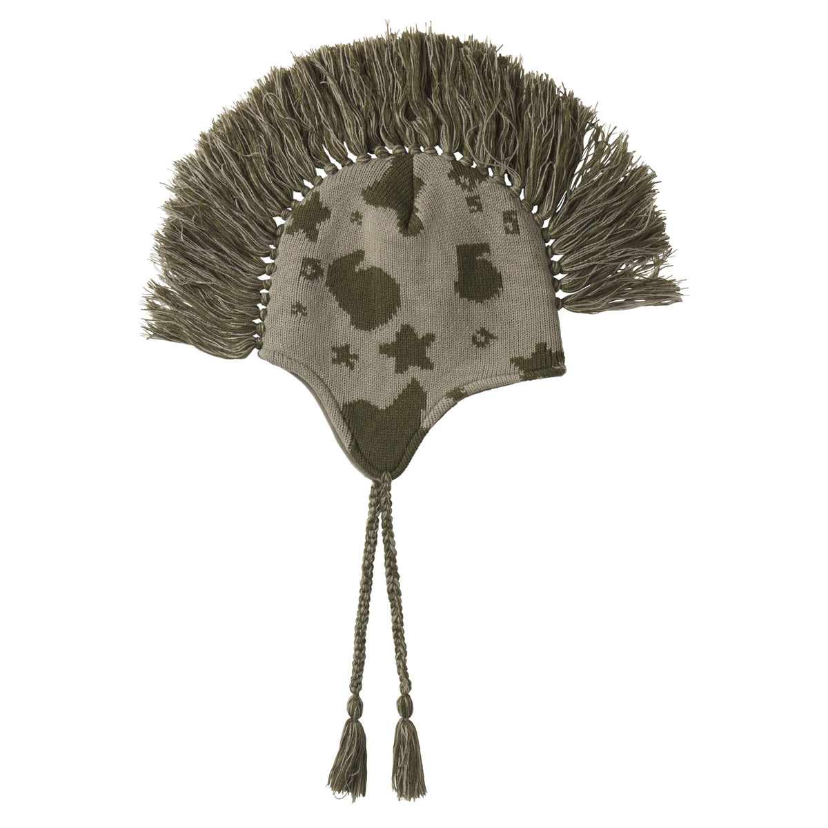 Olive green knit hat with a beluga graphic print, mohawk fringe crown, and ear flaps with braided tassel ties.