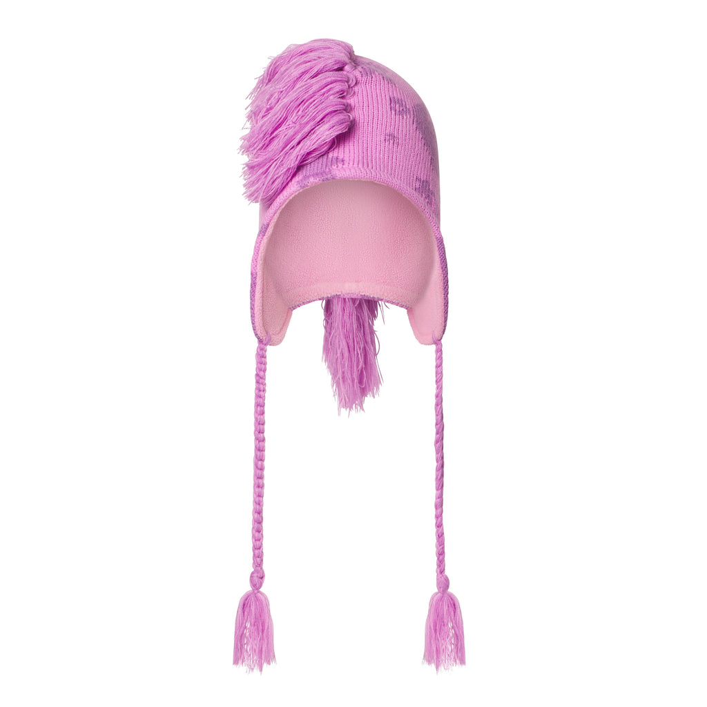 Pink knit hat with Beluga graphic print, mohawk fringe crown, ear flaps, and braided tie cords with tassels.