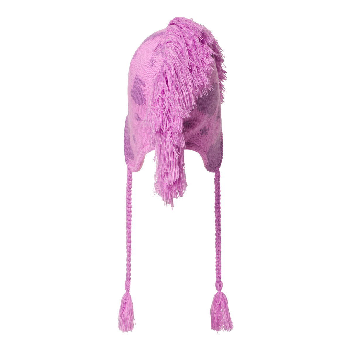 Pink knit hat with a beluga graphic print, mohawk fringe detail, ear flaps, and braided tie cords with tassels.