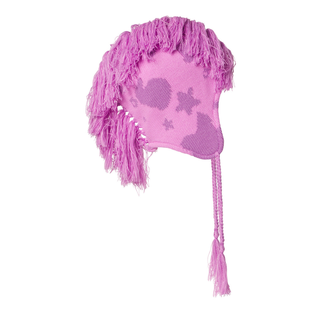 Pink knit hat with a mohawk fringe, ear flaps, tie tassels, and a purple graphic print design.