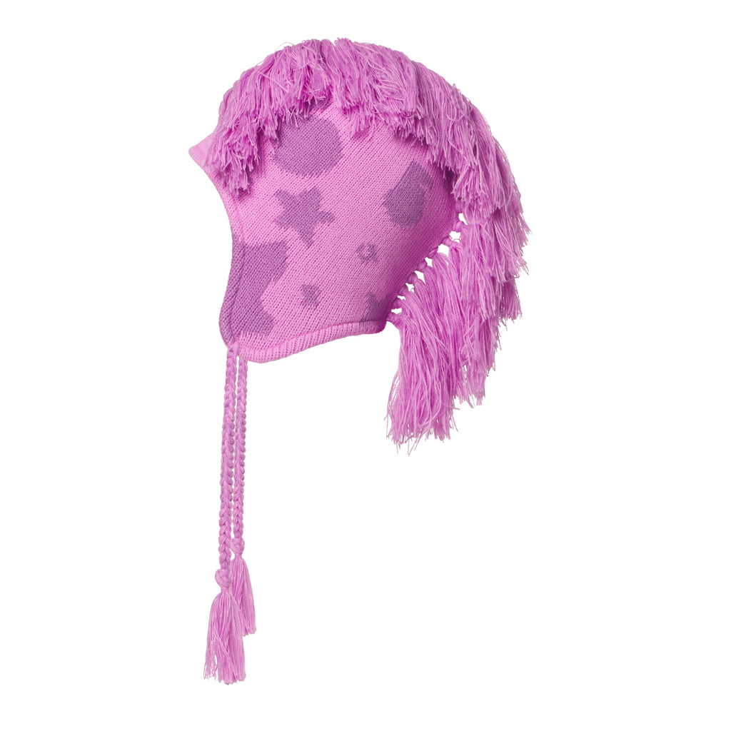 Pink knit hat with star graphic print, mohawk fringe detail, and braided ear flaps with tassels.