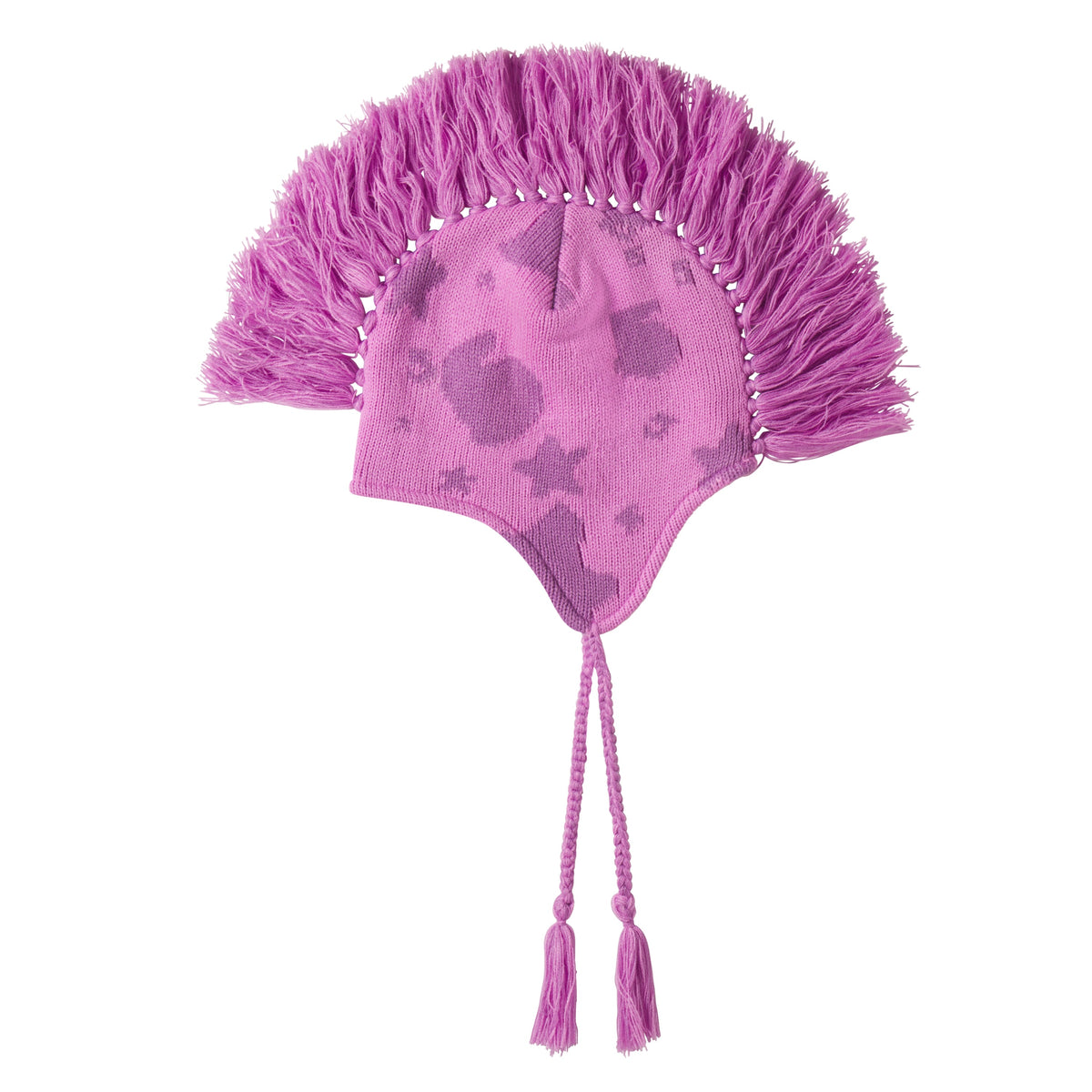 Pink knit hat with a Beluga graphic print, mohawk fringe crown, and ear flaps with braided tie cord tassels.