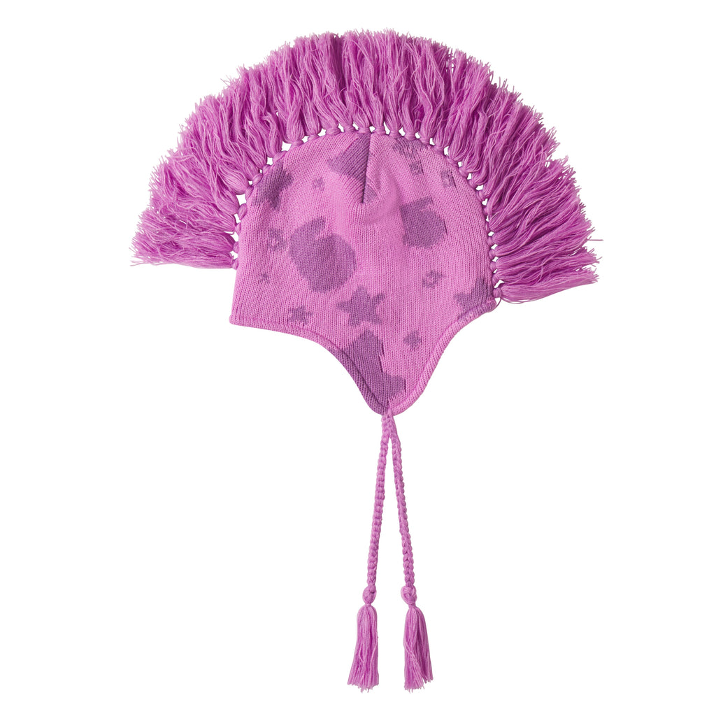 Pink knit hat with a Beluga graphic print, mohawk fringe crown, and ear flaps with braided tie cord tassels.