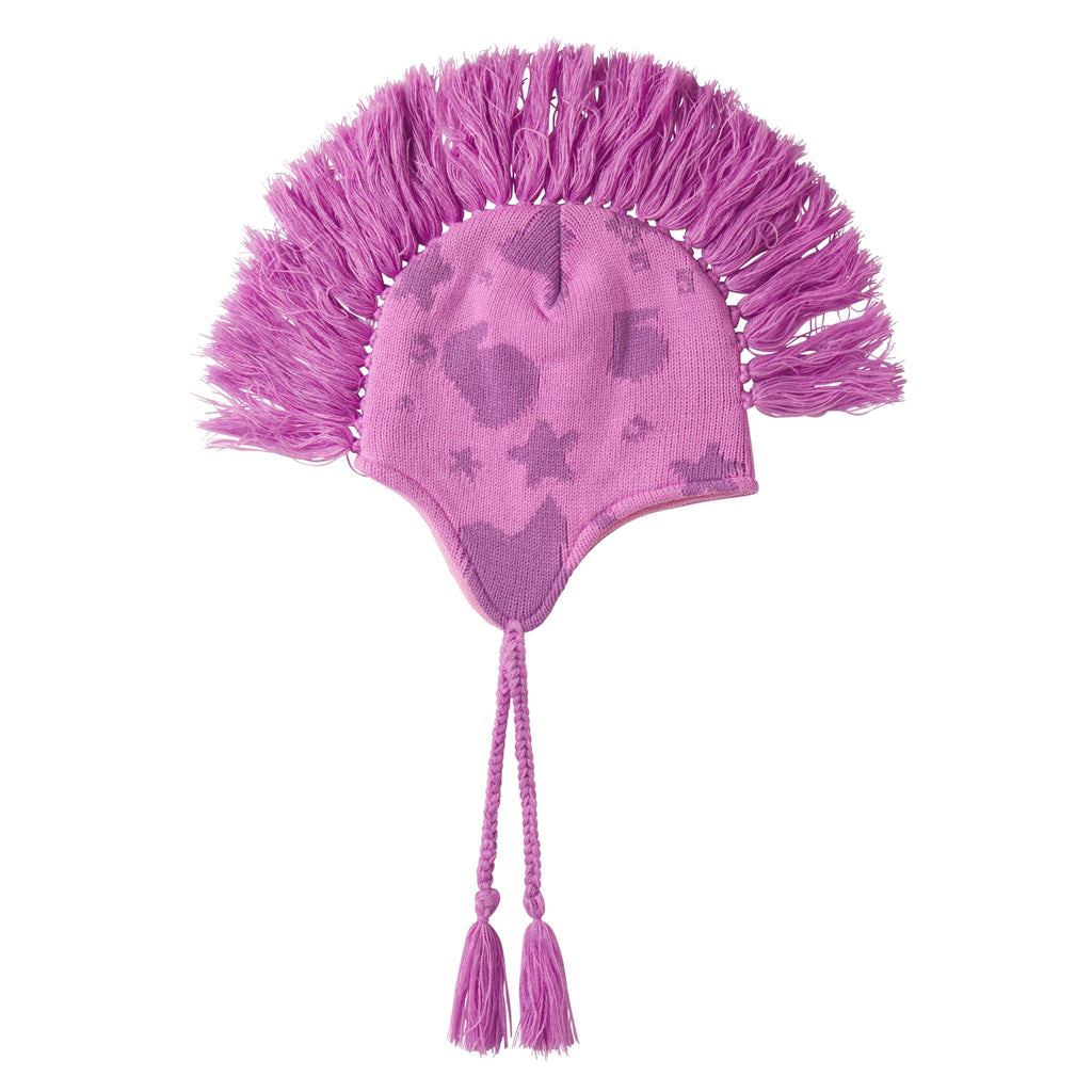 Pink knit hat with a beluga graphic print, mohawk fringe crown, and ear flaps with braided tie cord tassels.