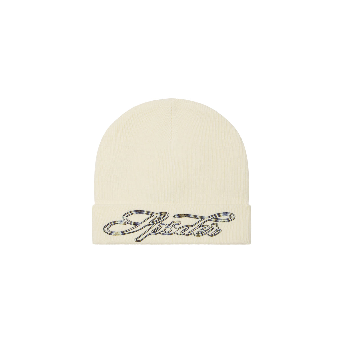 Off-white rib knit beanie with a fold-over cuff and black contrast script embroidery graphic design.