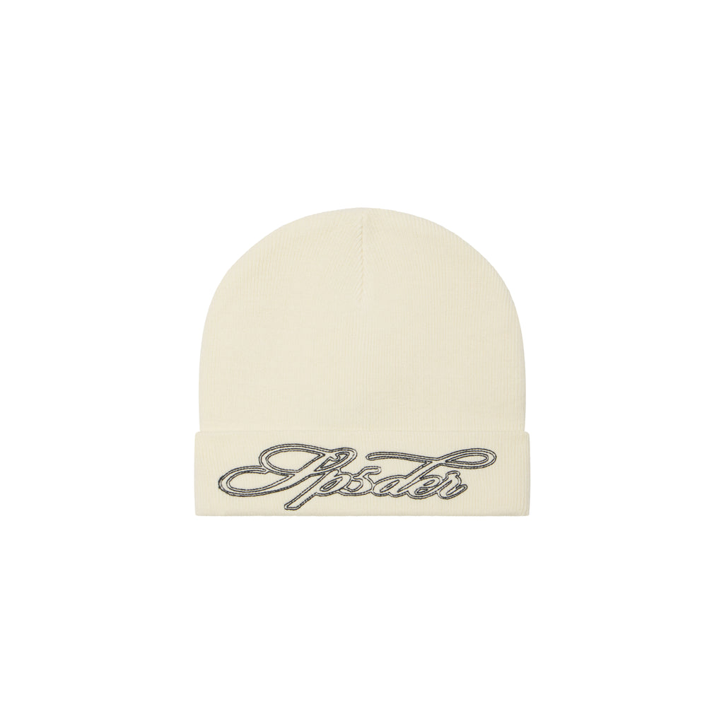 Off-white rib knit beanie with a fold-over cuff and black contrast script embroidery graphic design.