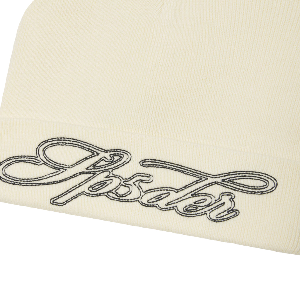 Cream rib knit beanie with a fold-over cuff and black contrast script graphic embroidery.