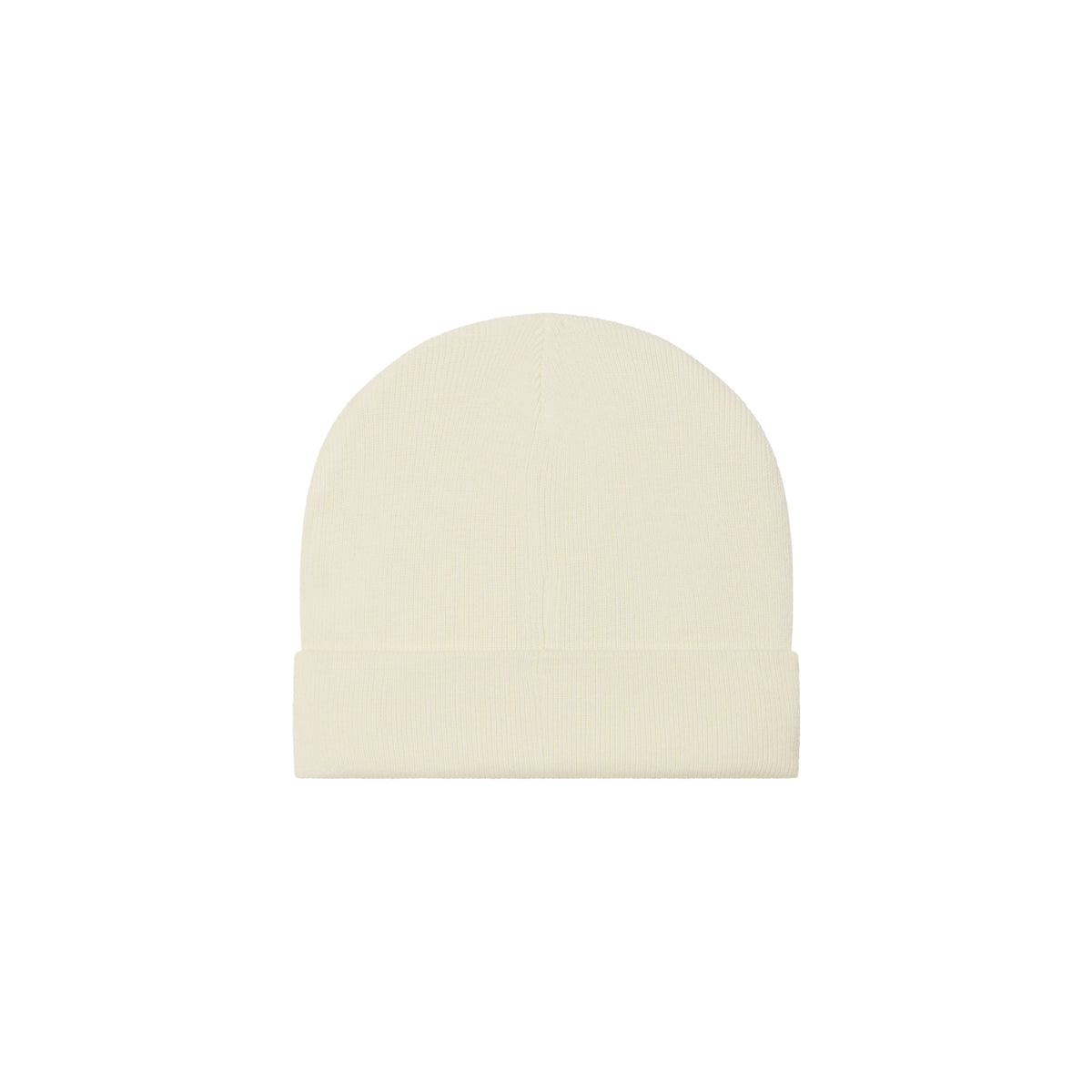 Off-white rib knit beanie with a fold-over cuff and minimalist stitched design.