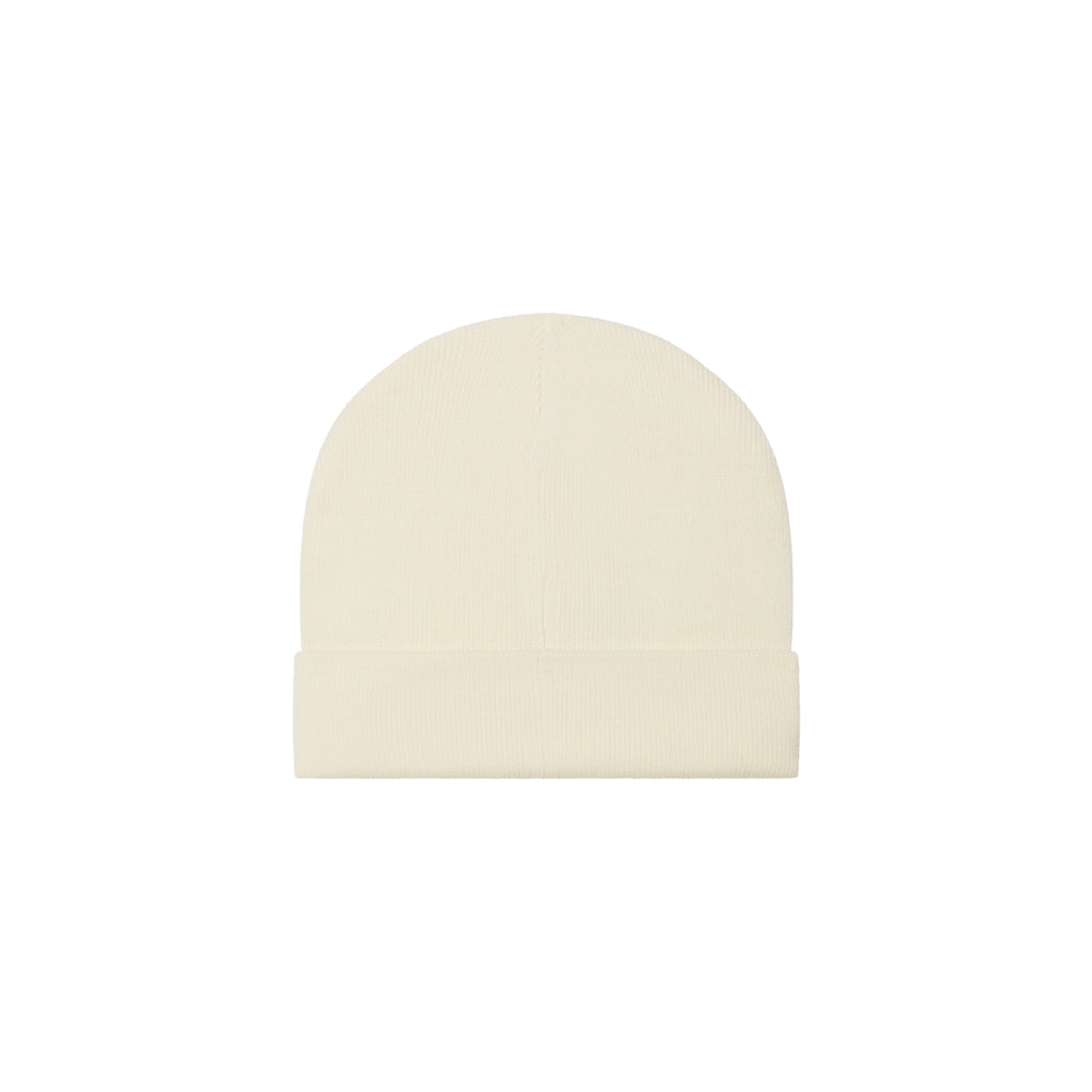 Off-white rib knit beanie with a fold-over cuff and minimalist stitched design.