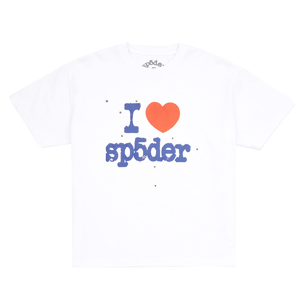 White 100% cotton SOUVENIR TEE with "I ❤️ sp5der" graphic print on front.