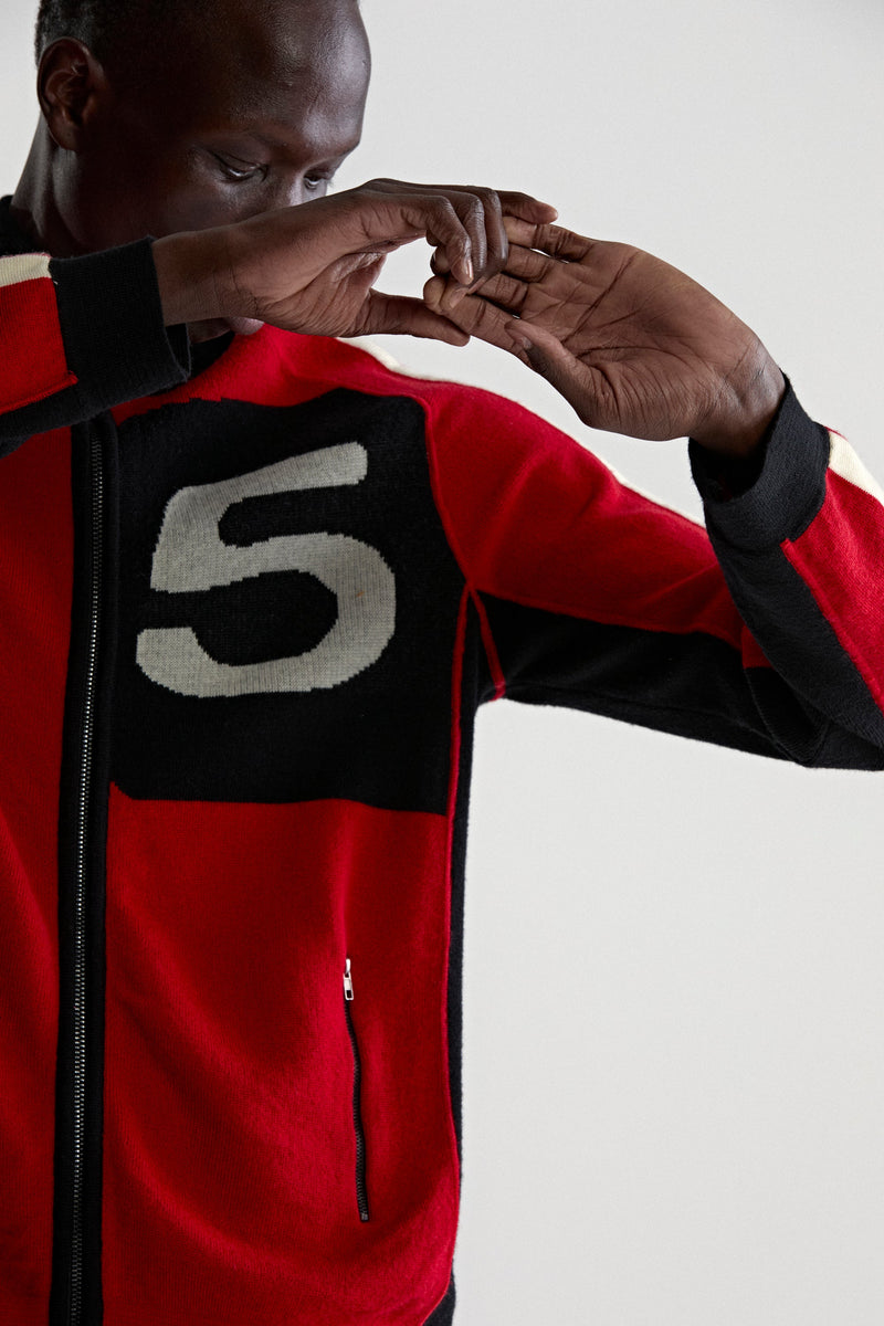 RED KNIT 5 TRACK JACKET ON MODEL