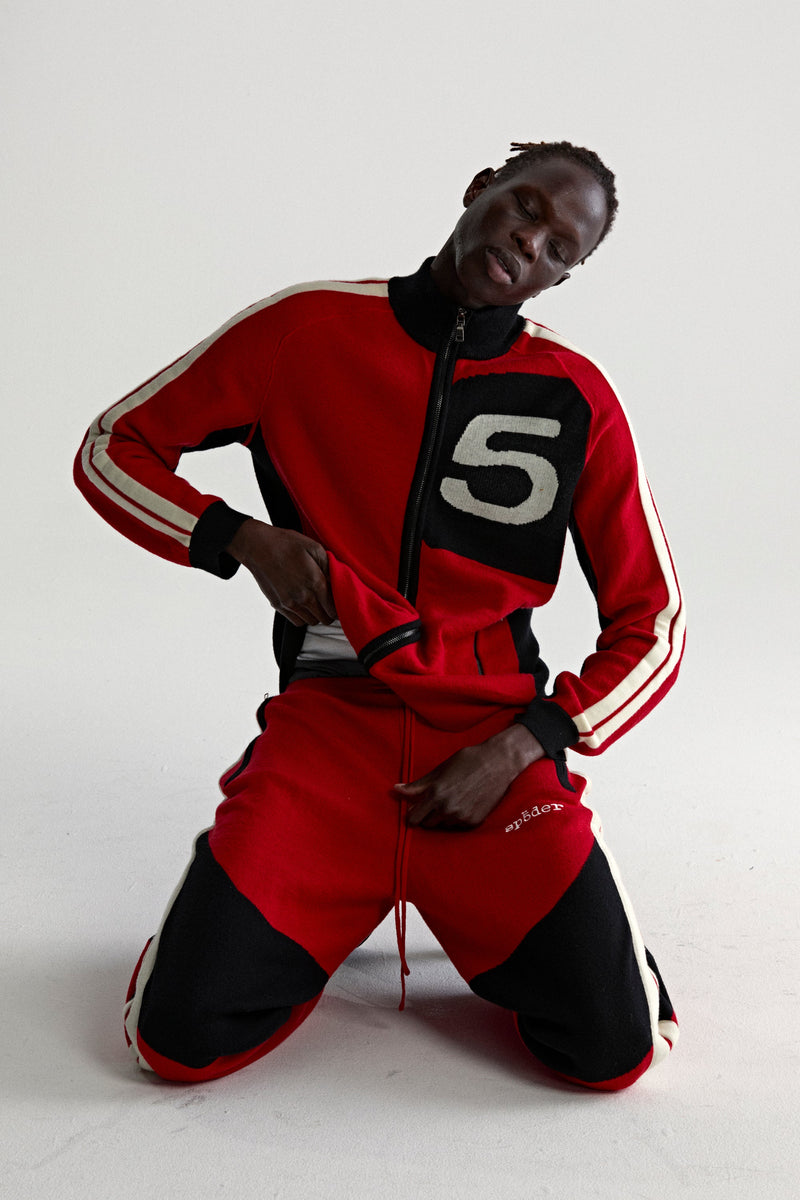 RED KNIT 5 TRACK JACKET ON MODEL