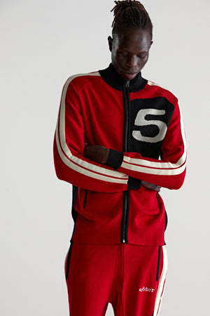 RED KNIT 5 TRACK JACKET ON MODEL