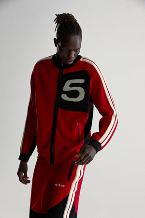 RED KNIT 5 TRACK JACKET ON MODEL