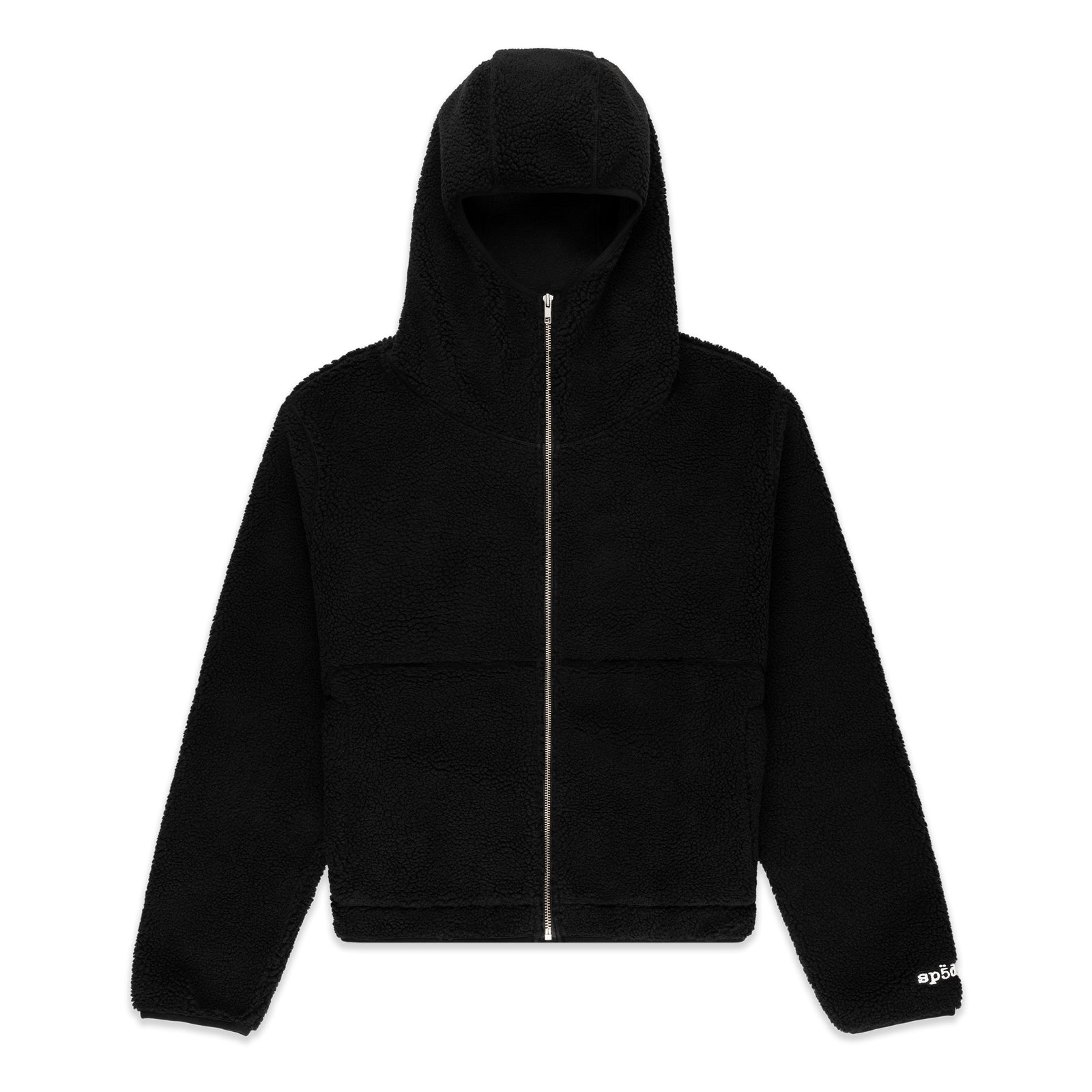Black teddy sherpa fleece zip-up hooded jacket with welt pockets and wrist logo.
