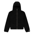 Black teddy sherpa fleece zip-up hooded jacket with welt pockets and wrist logo.