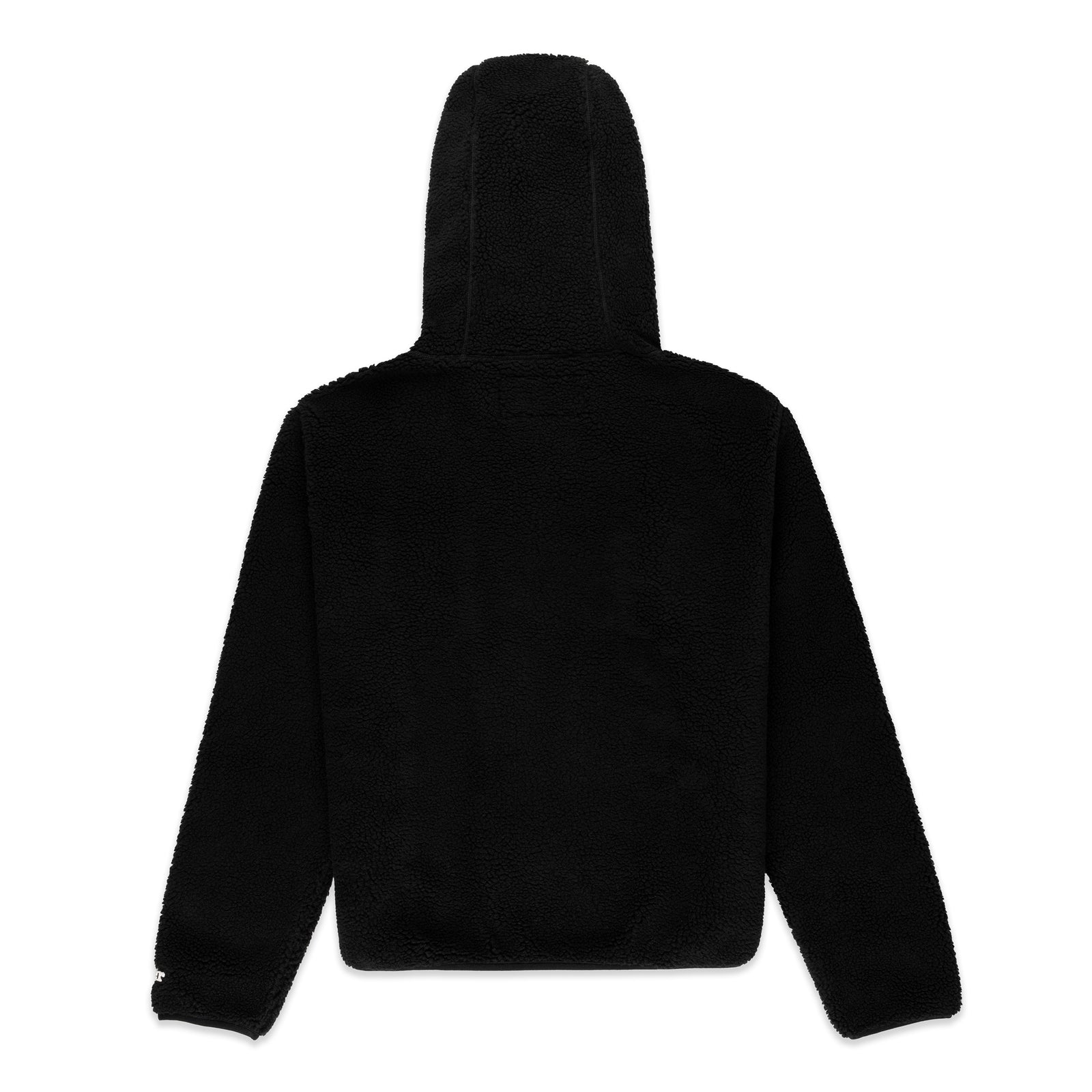 Black teddy fleece zip-up hoodie, back view, with rubberized logo patch on wrist.