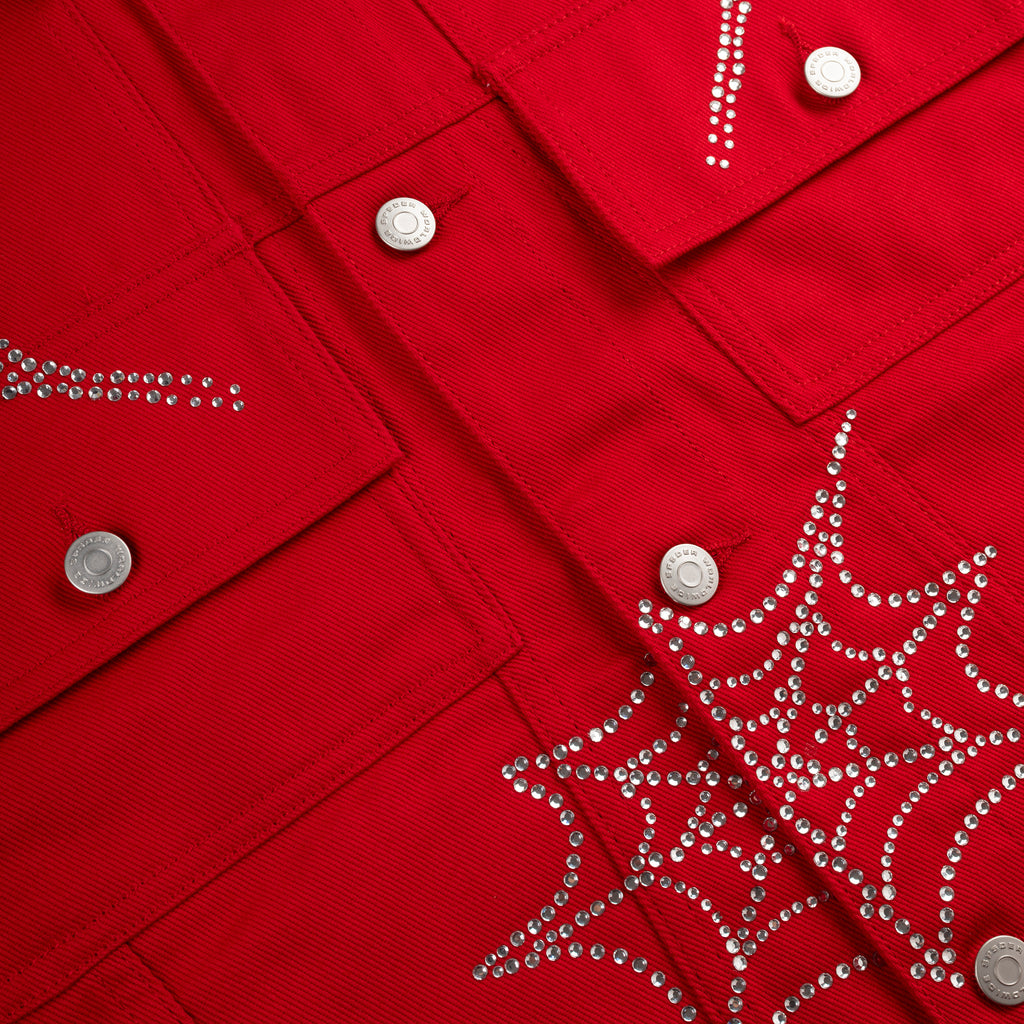 RED WEB DENIM CROPPED TRUCKER JACKET