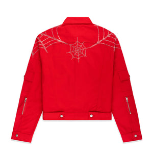 RED WEB DENIM CROPPED TRUCKER JACKET