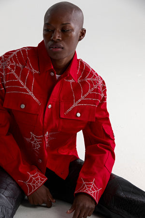 RED WEB DENIM CROPPED TRUCKER JACKET