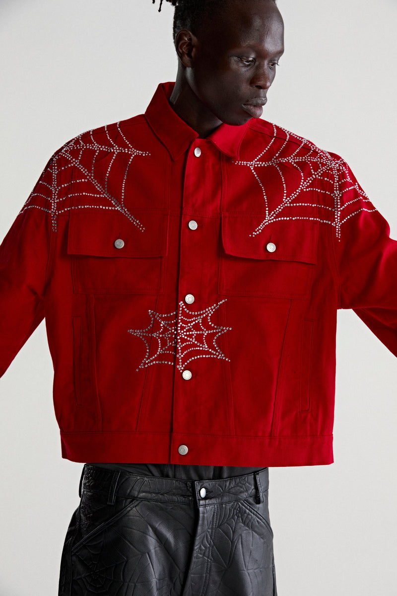 RED WEB DENIM CROPPED TRUCKER JACKET