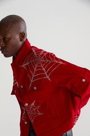 RED WEB DENIM CROPPED TRUCKER JACKET