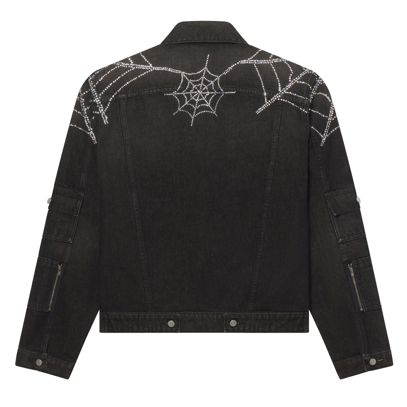 Black denim jacket featuring a sparkling rhinestone web graphic design on the shoulders and back with silver button details.