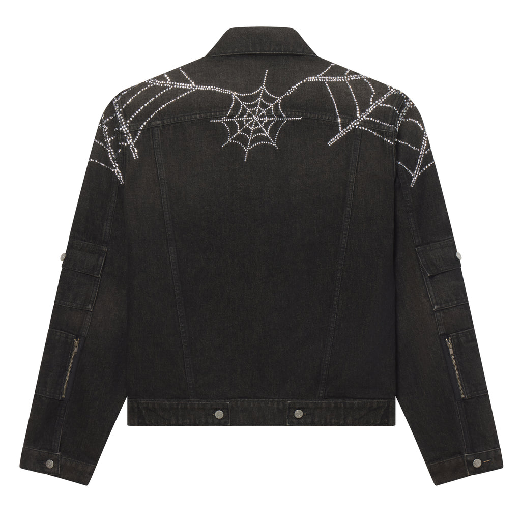 Black denim jacket featuring a sparkling rhinestone web graphic design on the shoulders and back with silver button details.