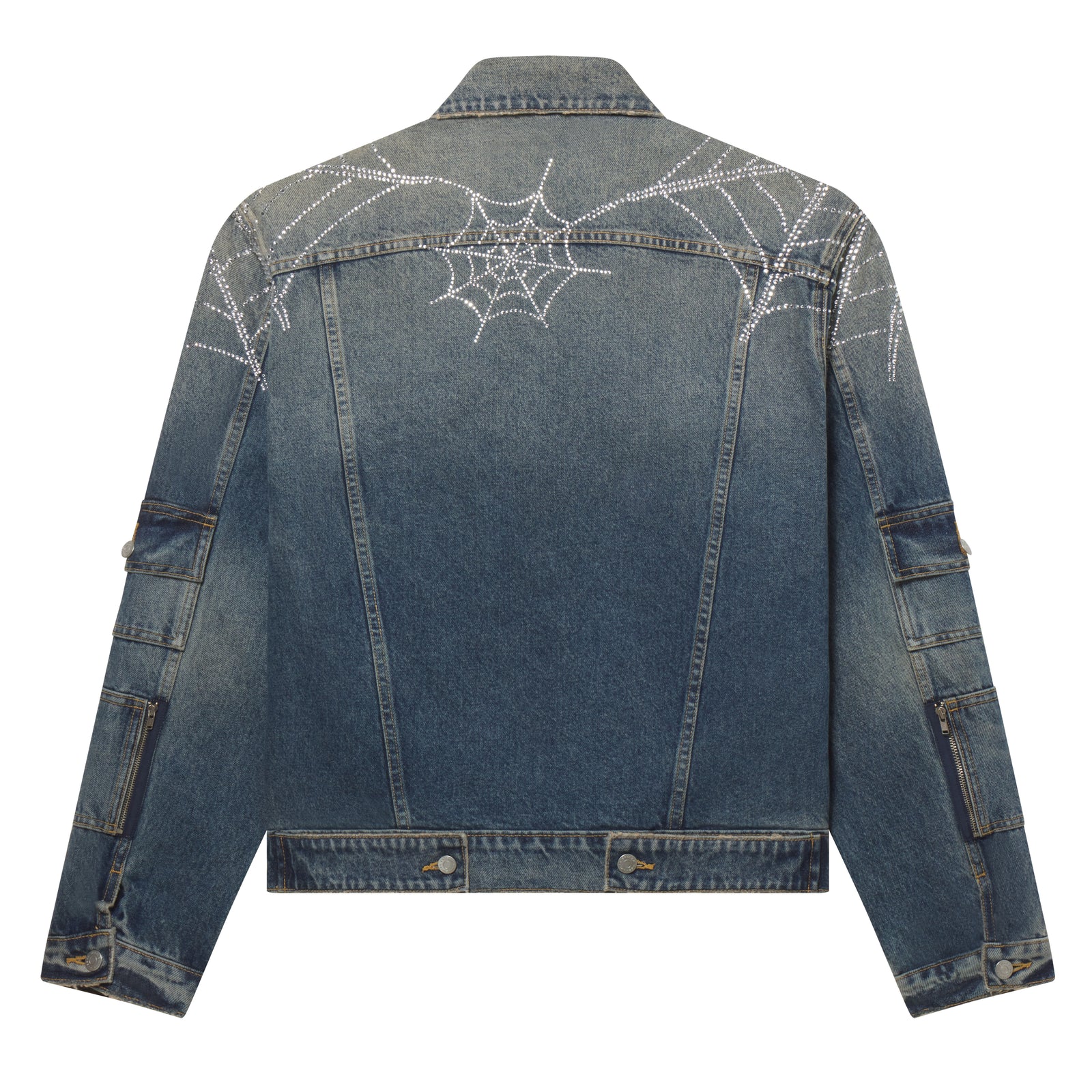 Blue denim jacket featuring a rhinestone spider web graphic print, utility pockets on the arms, and silver button closures.