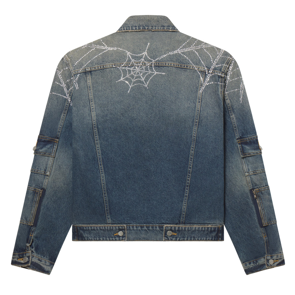 Blue denim jacket featuring a rhinestone spider web graphic print, utility pockets on the arms, and silver button closures.