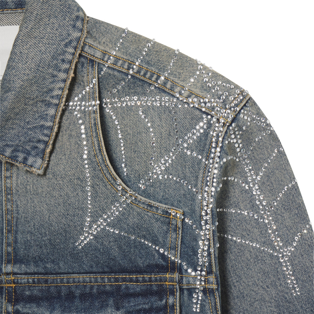 Blue denim jacket featuring a sparkling rhinestone web graphic print, spread collar, and chest flap pocket.