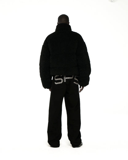 BLACK SHERPA PUFFER JACKET ON MODEL