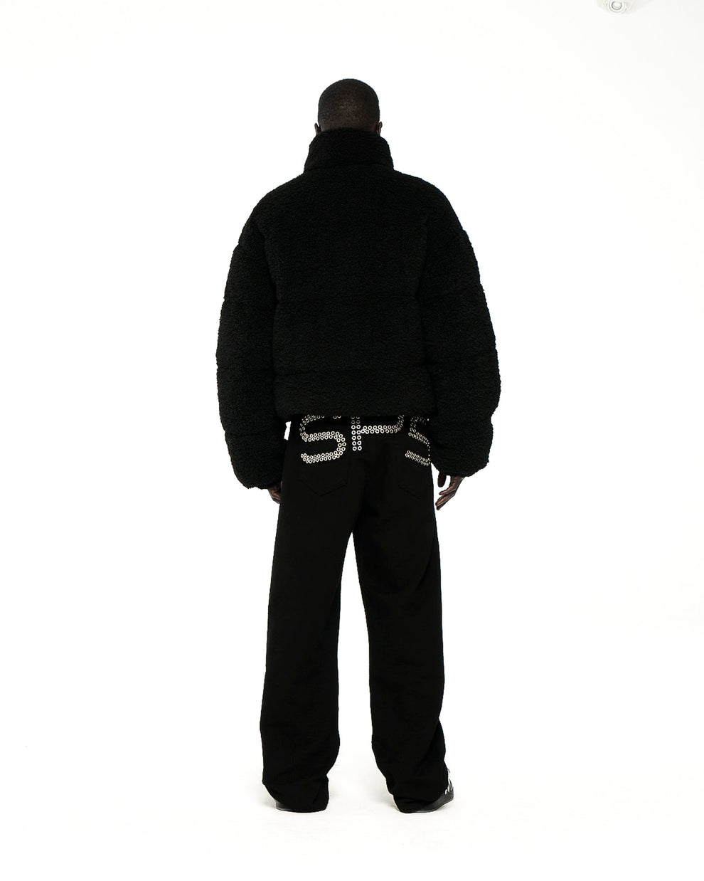 BLACK SHERPA PUFFER JACKET ON MODEL