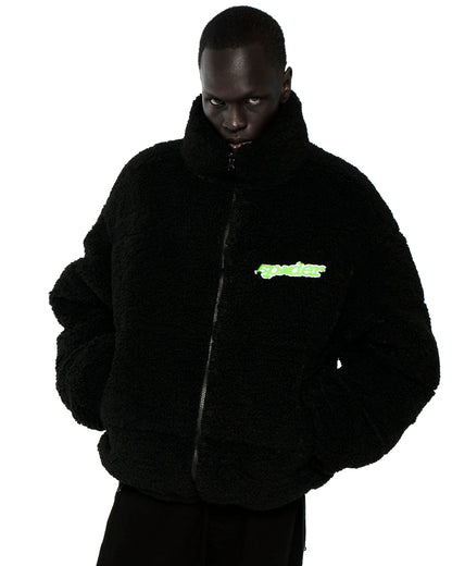 BLACK SHERPA PUFFER JACKET ON MODEL