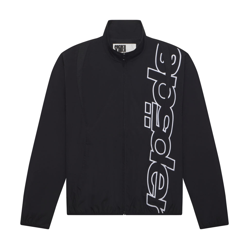 Black nylon track jacket with a stand collar, full zip, and white embroidered graphic text on the front.