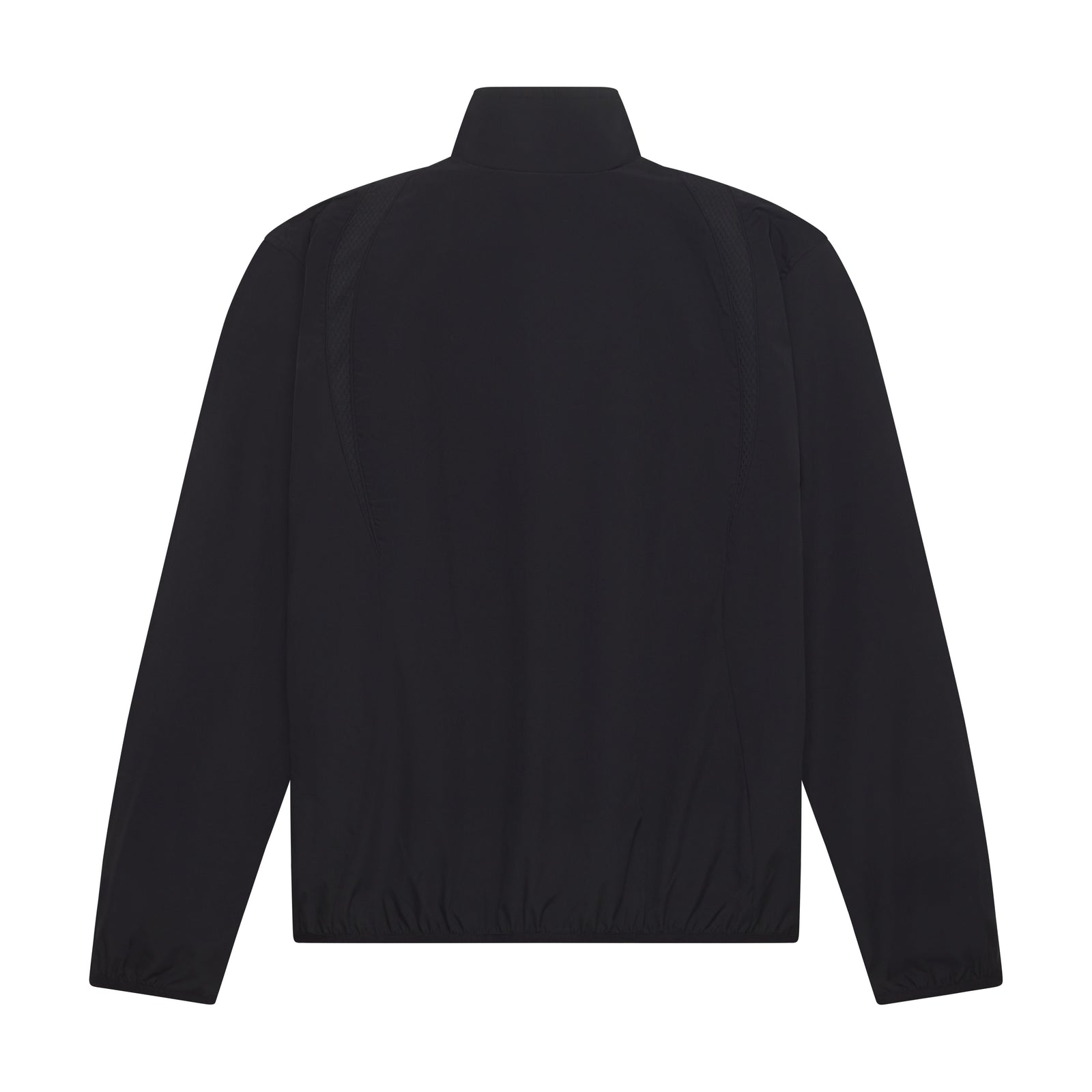 Back view of a black nylon track jacket with a stand collar, elastic cuffs, and hem, featuring subtle panel detailing.
