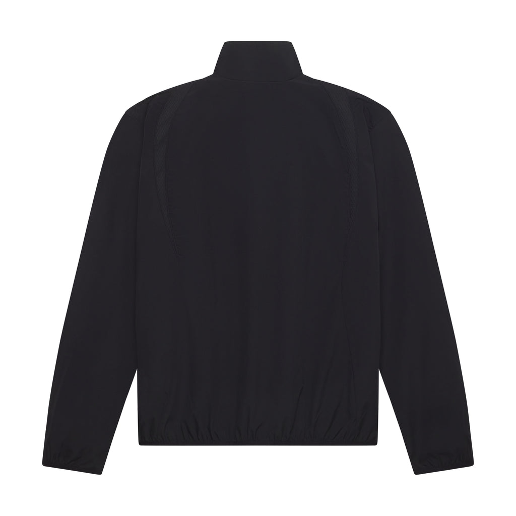 Back view of a black nylon track jacket with a stand collar, elastic cuffs, and hem, featuring subtle panel detailing.