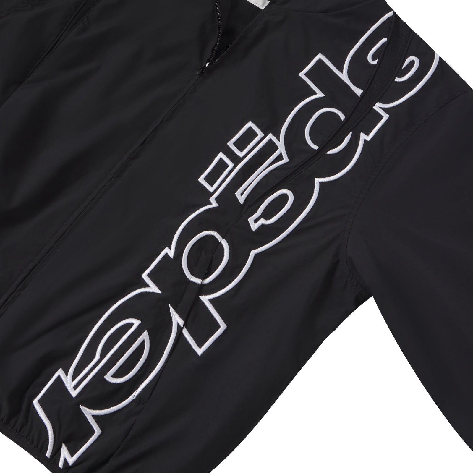 Black nylon track jacket featuring a white embroidered graphic design on the front with a full zip closure.