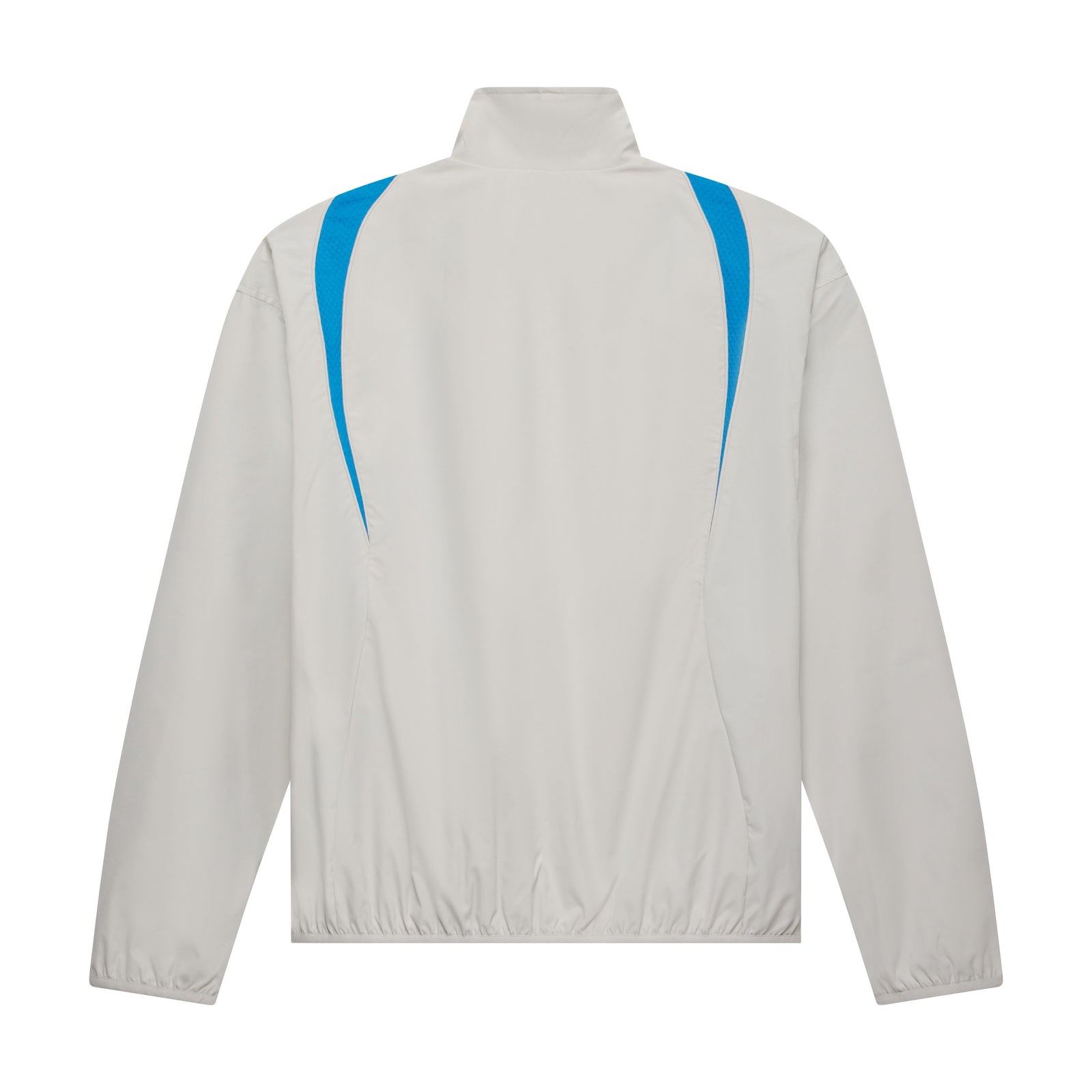 Back view of a beige nylon track jacket with a stand collar, elastic hem, and vibrant blue contrast side panels.