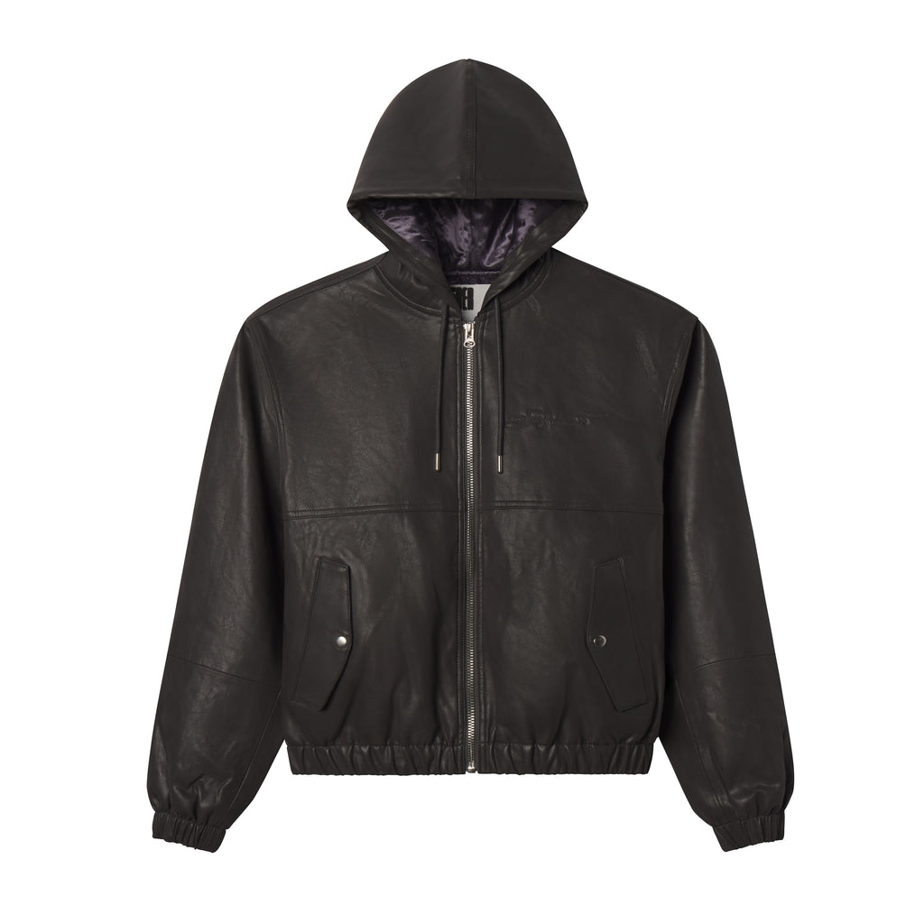 Black faux leather hooded jacket with a front zipper, snap-button pockets, and tonal SP5DER graphic branding.