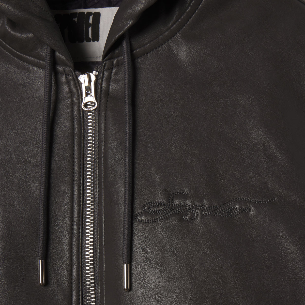 Black faux leather hooded jacket featuring a front zipper, drawstring hood, and tonal SP5DER graphic design on the chest.