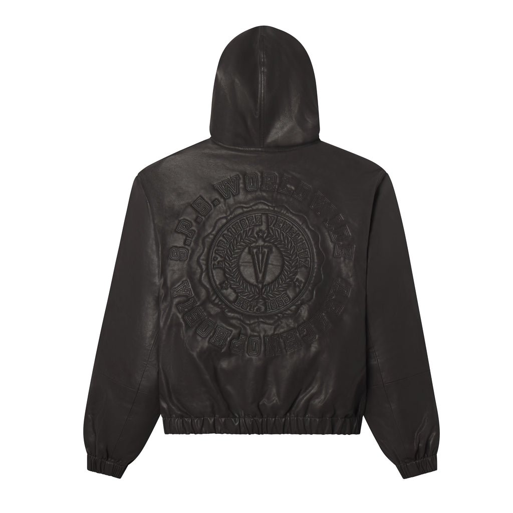 Black faux leather hooded jacket with tonal SP5DER graphic design on the back and elasticated hem.
