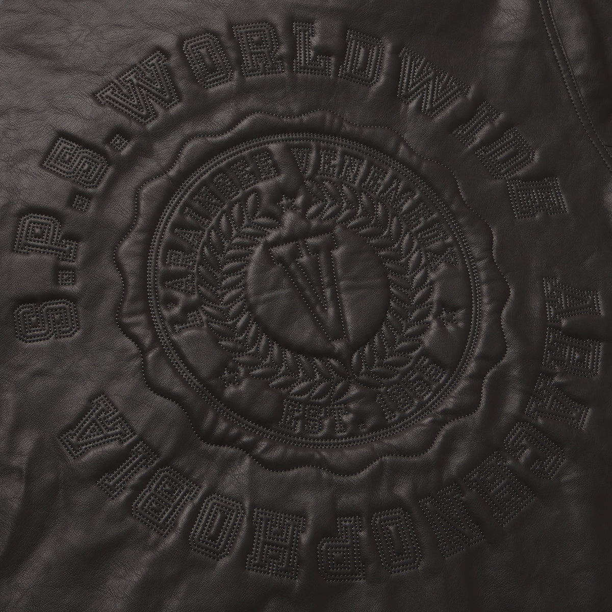 Black faux leather hooded jacket featuring a tonal SP5DER graphic design embossed on the back.